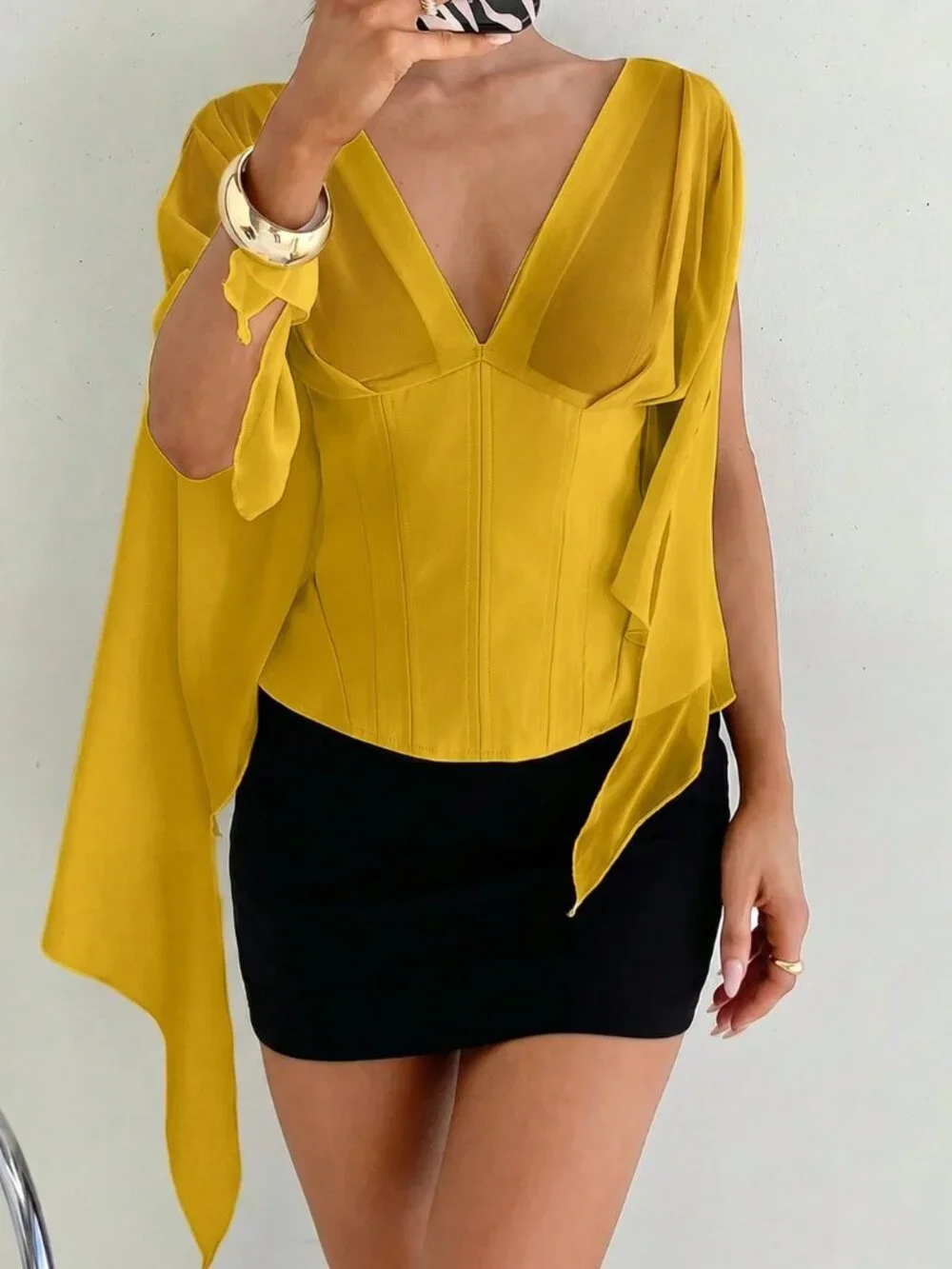 Yellow Casual Women's Elegant Wedding Bustier Shrug Shirt - Picture 9 of 9